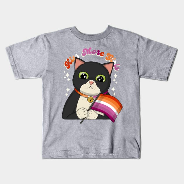 Kiss More Girls Lesbian Pride Cat Kids T-Shirt by Japanese Neko